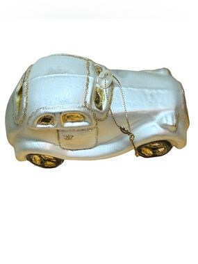 Pearlescent White Vintage Car Ornament with Gold Accents